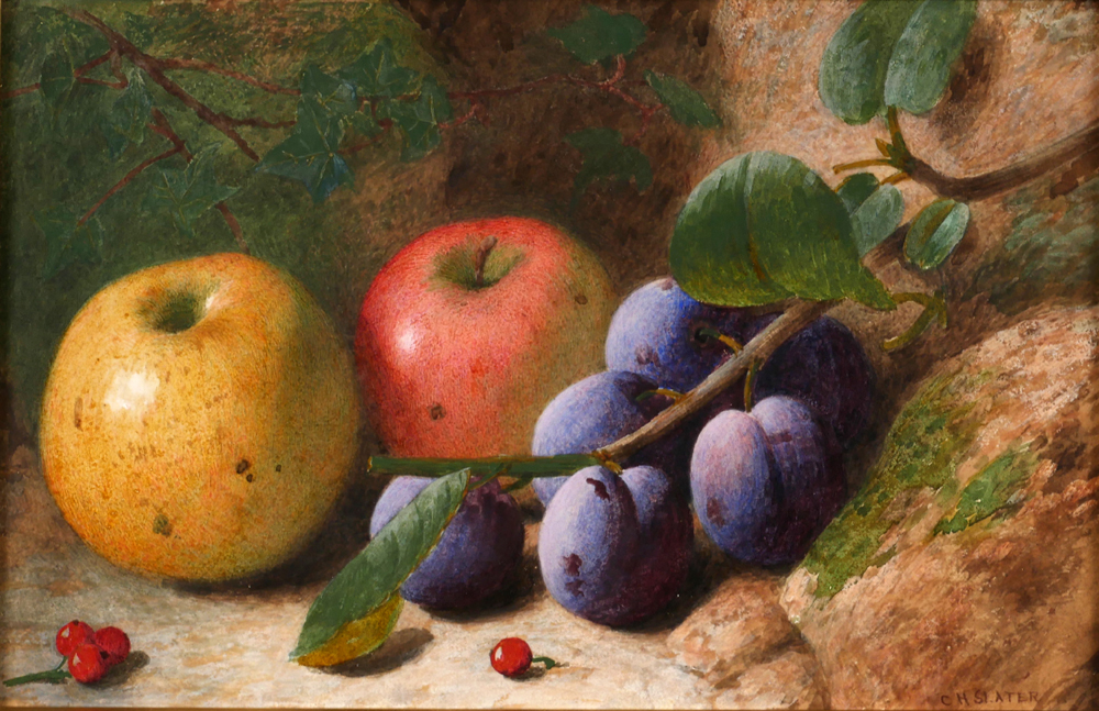 STILL LIFE OF APPLES, CHERRIES AND PLUMS ON A MOSSYBANK by Charles Henry Slater (British, c. 1820 - 1890) at Whyte's Auctions