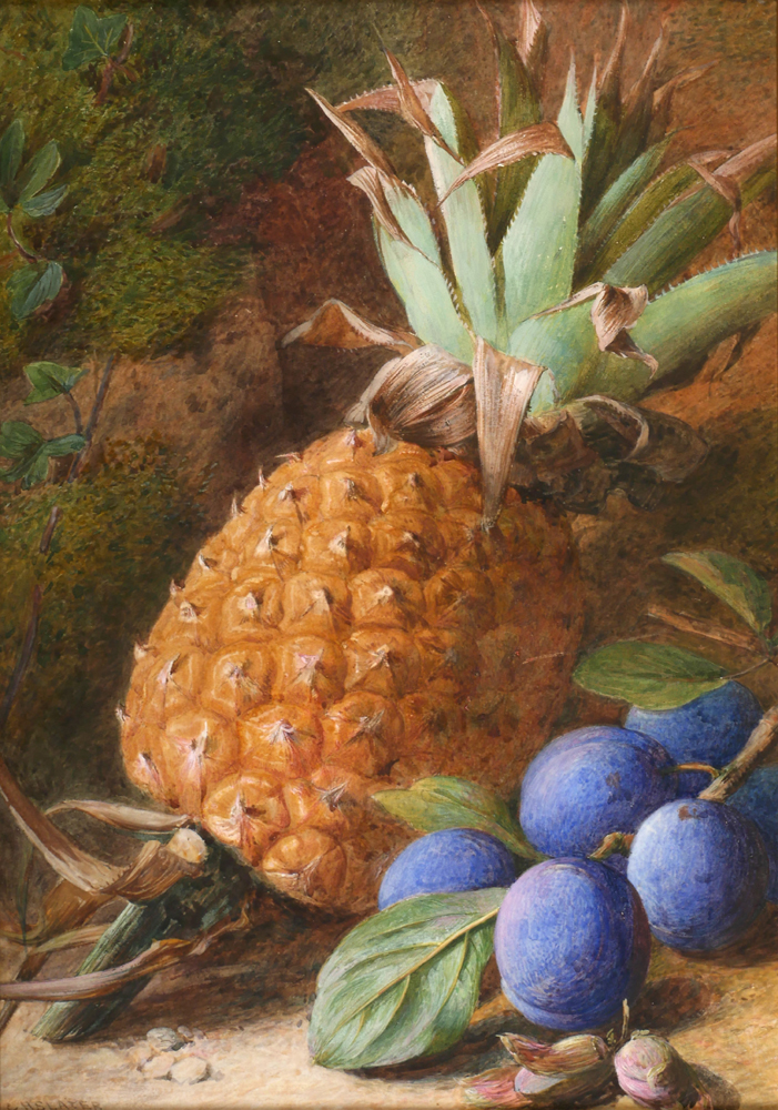 STILL LIFE OF A PINEAPPLE AND PLUMS ON A MOSSY BANK by Charles Henry Slater sold for �130 at Whyte's Auctions