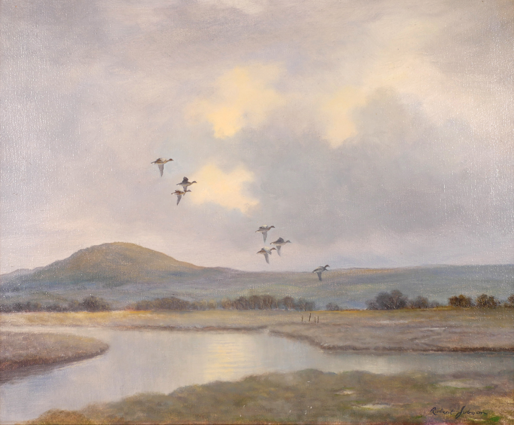 DUCKS IN FLIGHT OVER A LAKE by Robert Jobson  at Whyte's Auctions