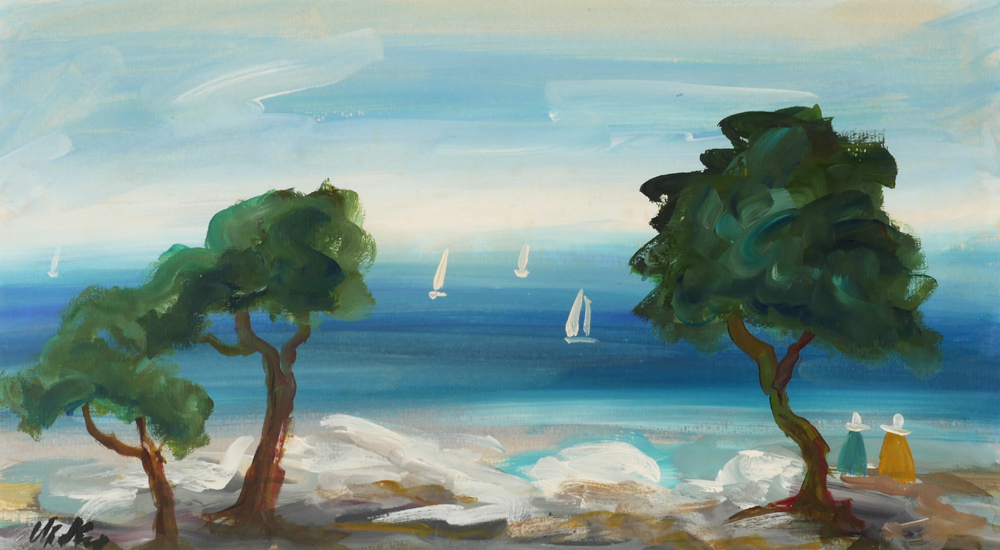 COASTAL SCENE WITH BOATS AND TWO FIGURES by Markey Robinson (1918-1999) at Whyte's Auctions