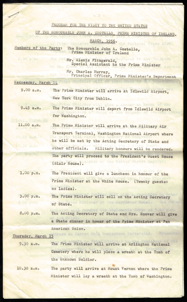 1956 Visit to the United States by Taoiseach John A. Costello, official itinerary. at Whyte's Auctions