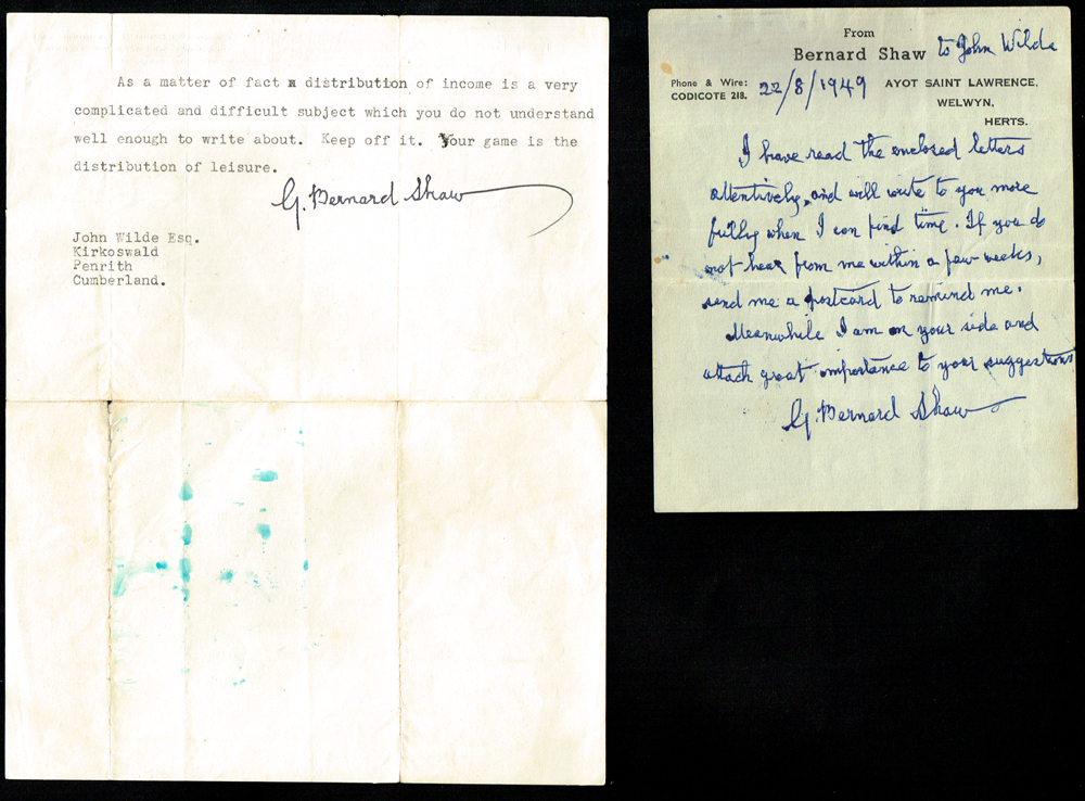 1949 (22 August) and 1950 (23 May) two letters from George Bernard Shaw. at Whyte's Auctions