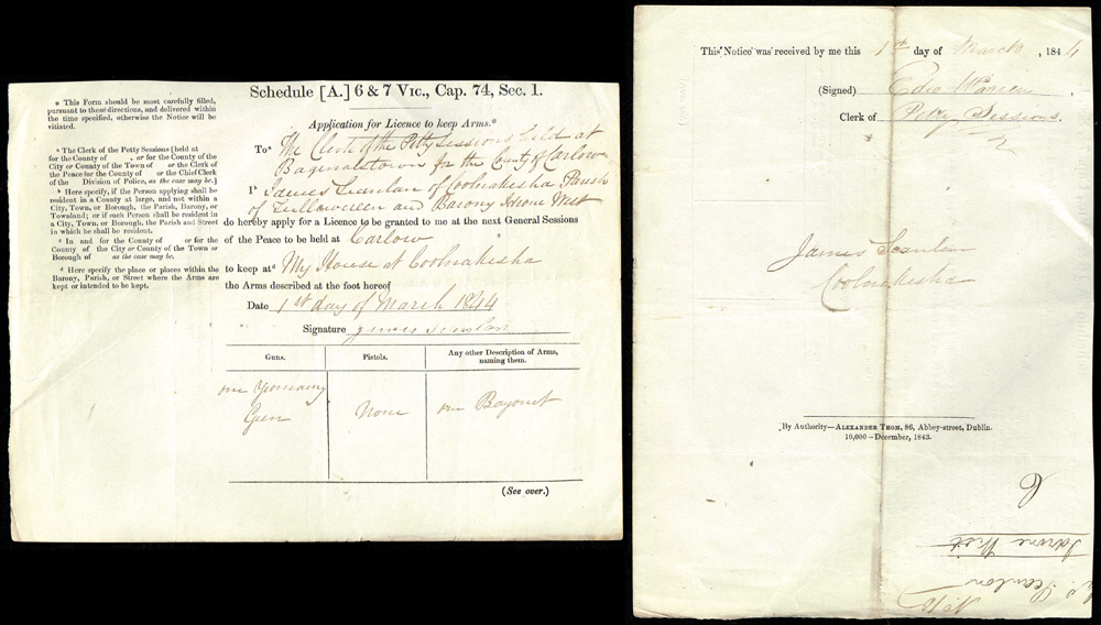 1844 Licence to Keep Arms, applications. at Whyte's Auctions