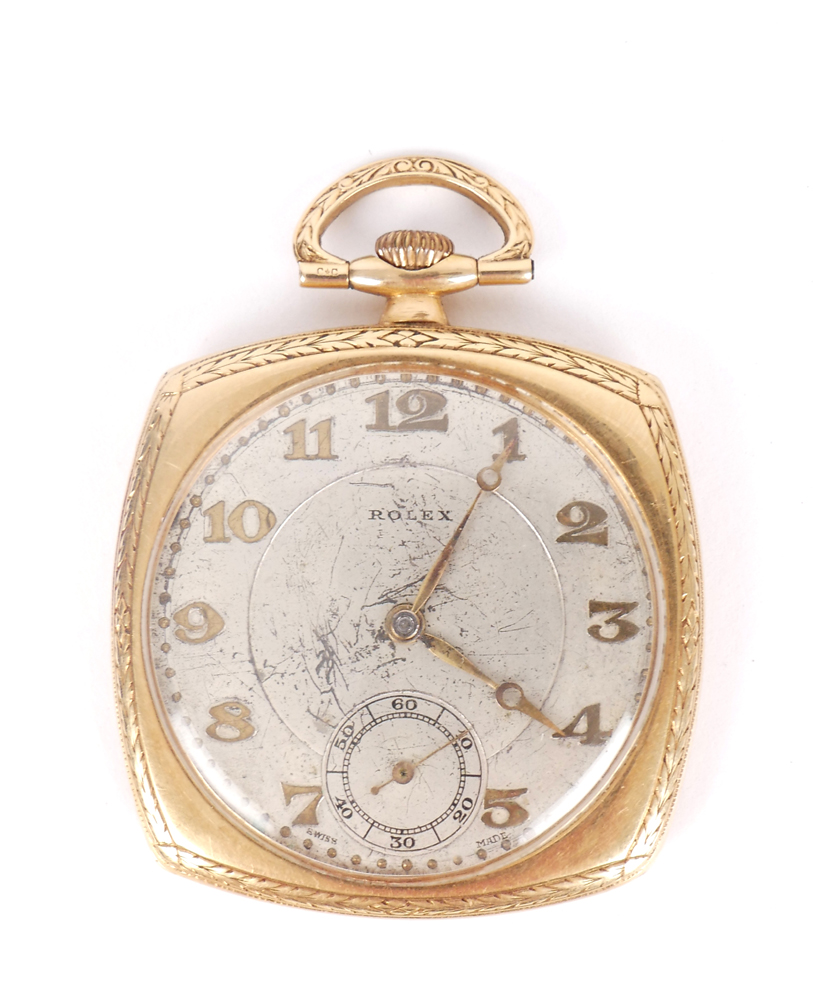 A Rolex, 18ct gold, square cased, open face pocket watch. at Whyte's Auctions
