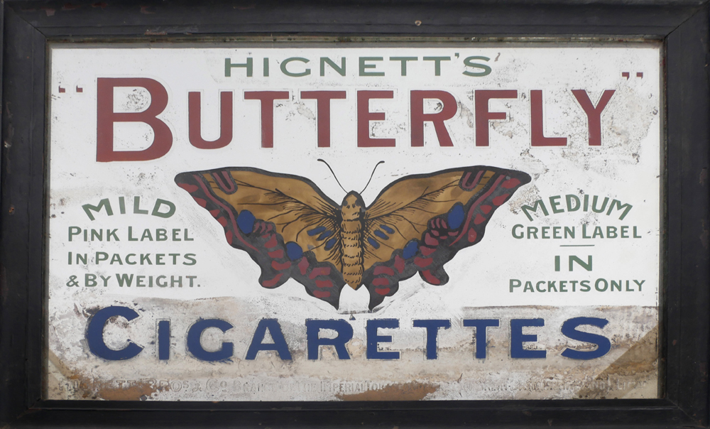 Advertising mirror, Hignett's 'Butterfly' Cigarettes. at Whyte's Auctions