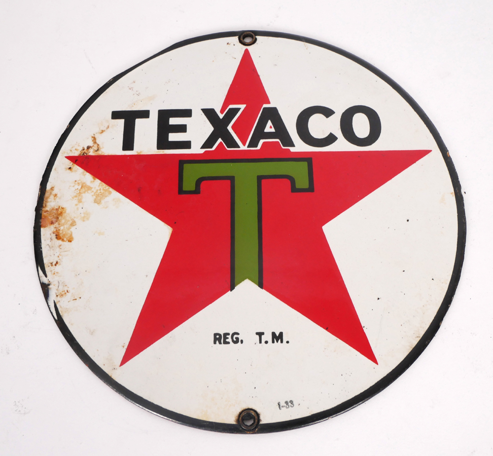 1930s Texaco motor spirit enamel sign. at Whyte's Auctions