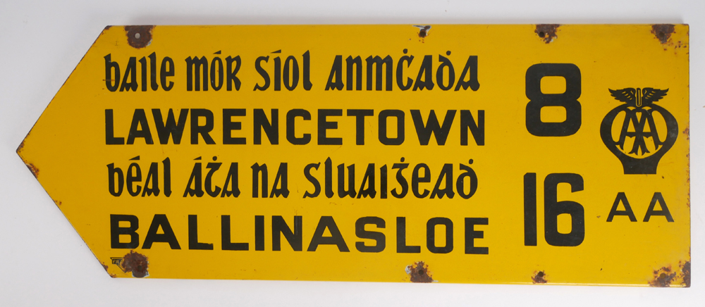 Mid 20th century Automobile Association yellow enamel road sign for Lawrenstown and Ballinasloe. at Whyte's Auctions
