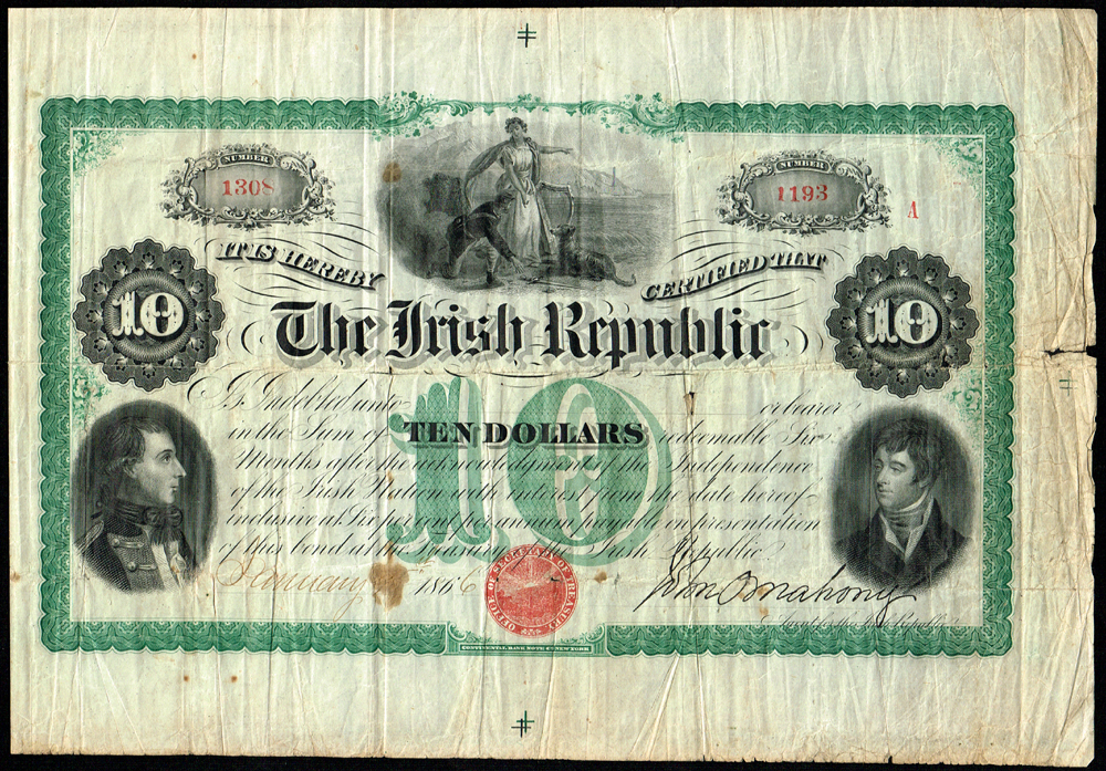 1866 The Irish Republic Ten Dollar Bond, with counterfoil. at Whyte's Auctions