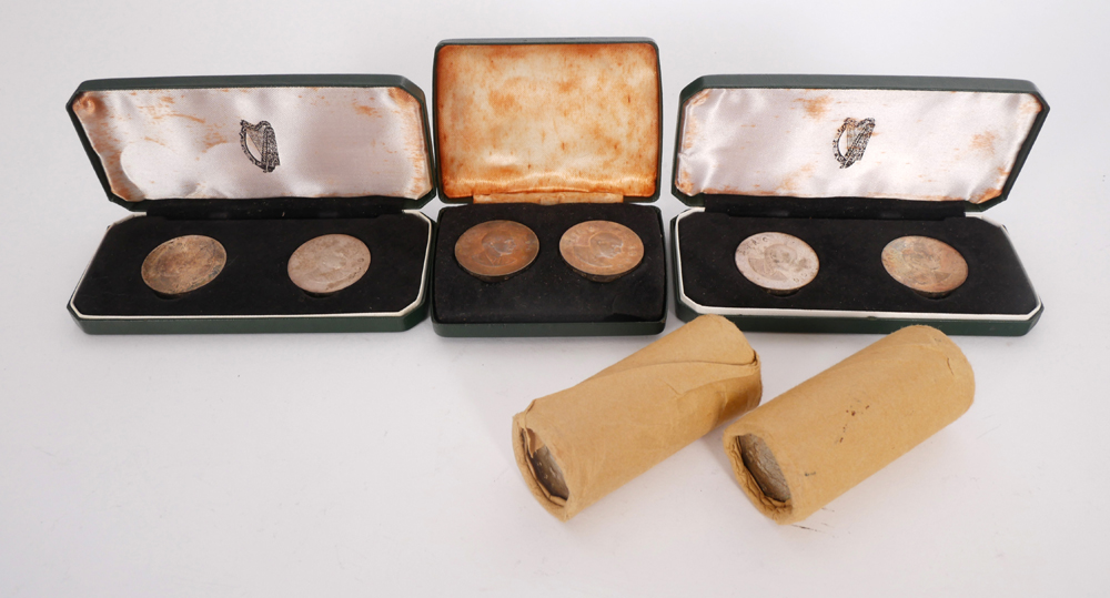 1966  Padraic Pearse Commemorative Ten Shilling coins, two unopened mint rolls of 20 and three cased pairs of proofs. at Whyte's Auctions