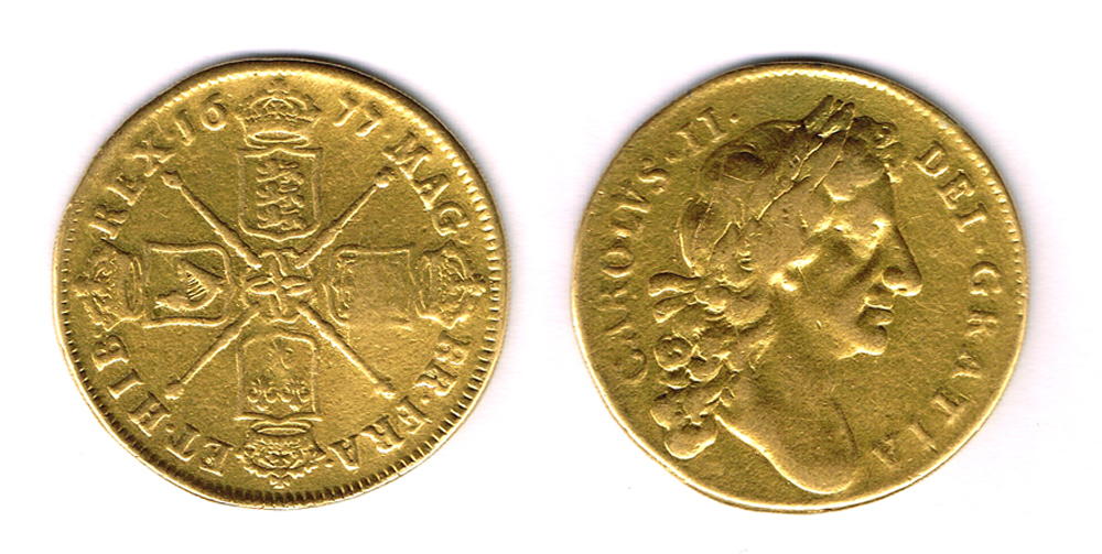 Charles II gold two guineas, 1677. at Whyte's Auctions