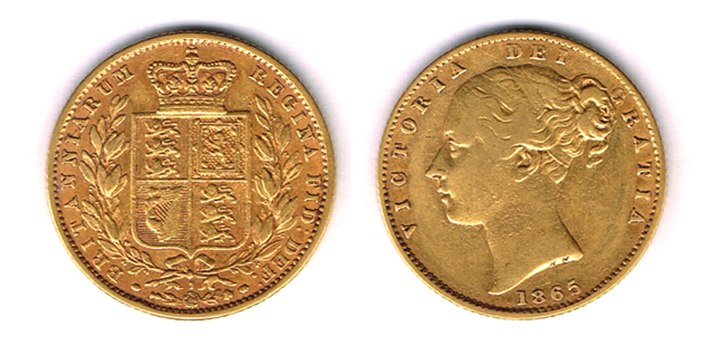 Victoria gold sovereigns,  Young Head, 1865 and 1872. at Whyte's Auctions