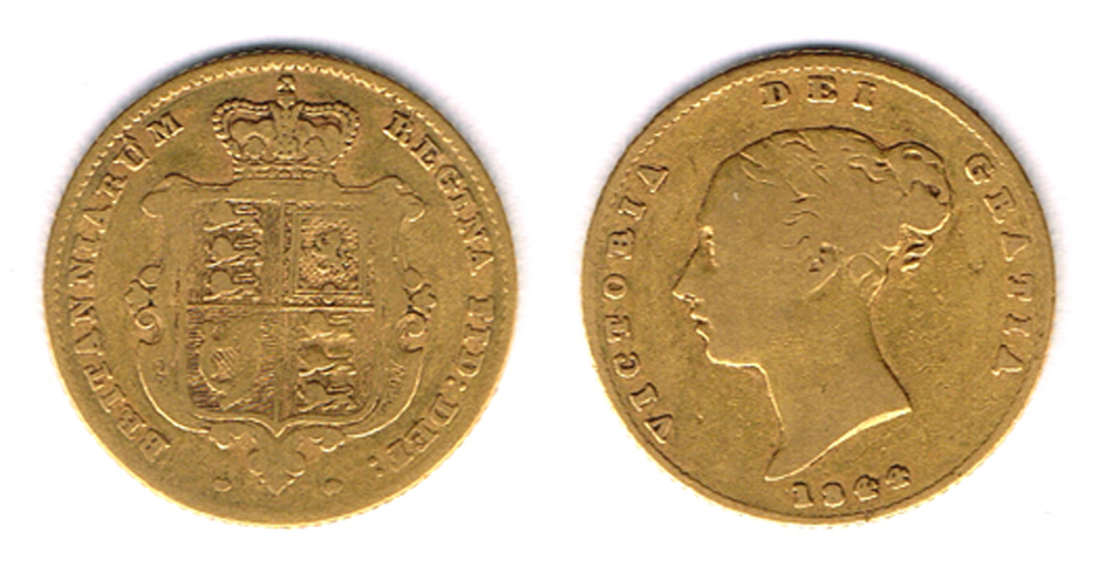 Victoria gold half sovereigns, Young Head, 1844 and 1871,  and Jubilee Head, 1892. at Whyte's Auctions