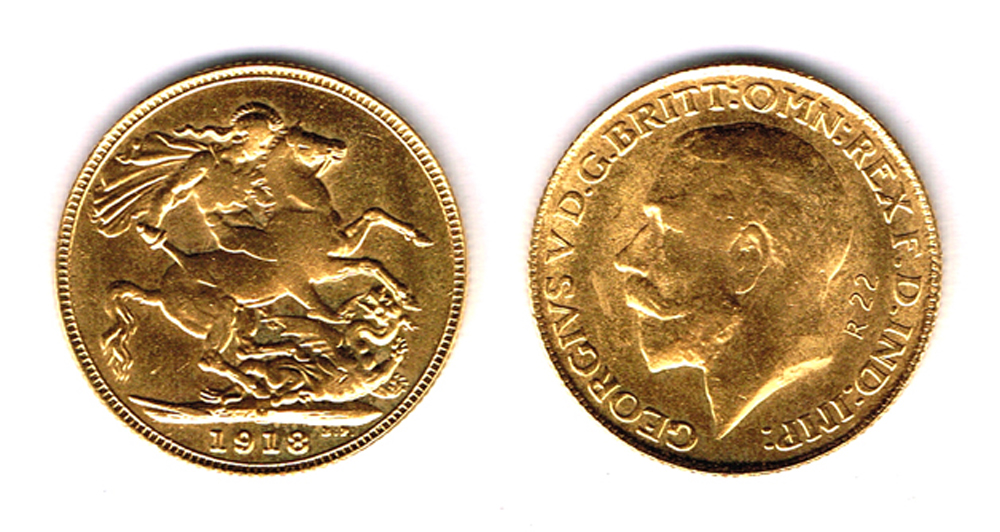 George V gold sovereign, 1918, an Asian jeweller's copy. at Whyte's Auctions