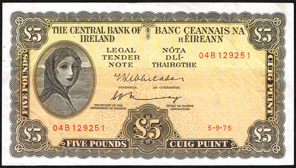 Central Bank 'Lady Lavery' Five Pounds,  sequential ranges 1974-5. at Whyte's Auctions