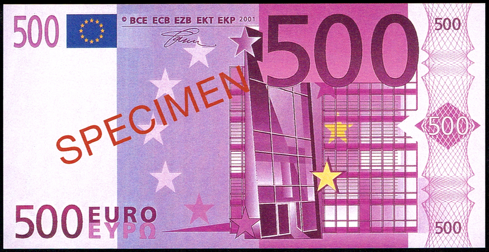 European Central Bank. Set of 7 Specimen banknotes five euro to five hundred euro. at Whyte's Auctions