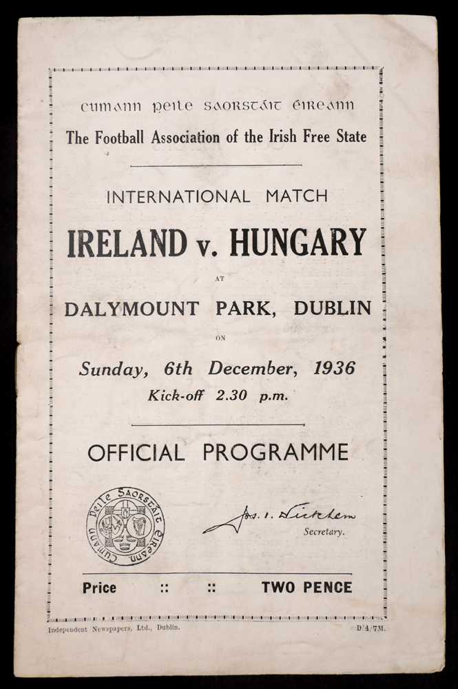 Football, 1936 Ireland v. Hungary, programme. at Whyte's Auctions