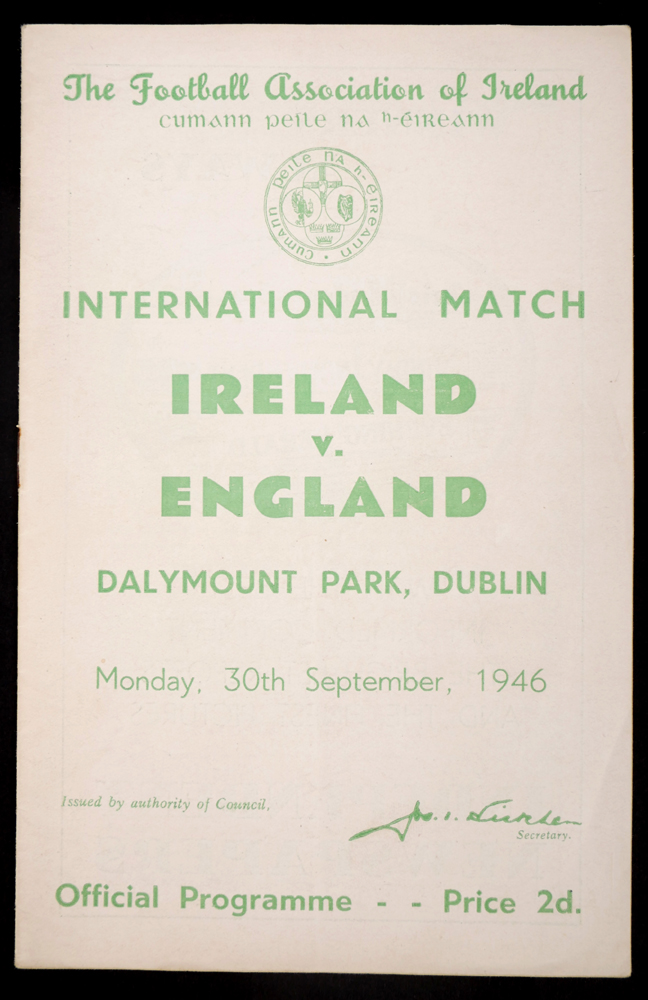 Football, 1946 Ireland v. England, programme. at Whyte's Auctions