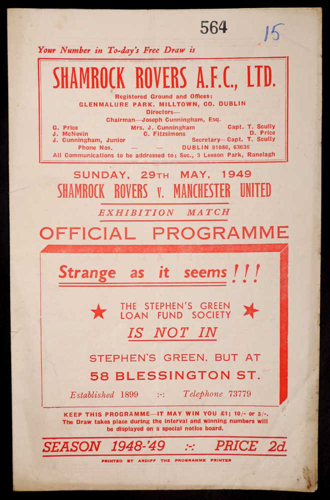 Football 1949 Shamrock Rovers v. Manchester Utd. programme. at Whyte's Auctions