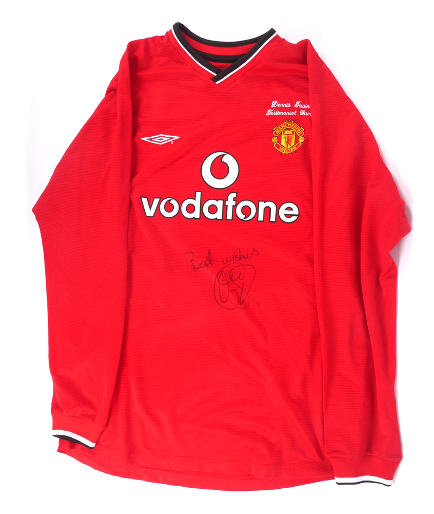Football. Denis Irwin testimonial shirt issued to Ole Gunnar Solksjaer, signed.
 at Whyte's Auctions