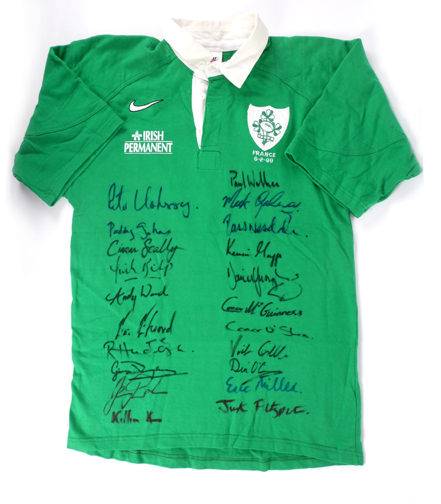 Rugby, Ireland green number 17 jersey v France, 1999 Five Nations, squad signed. at Whyte's Auctions