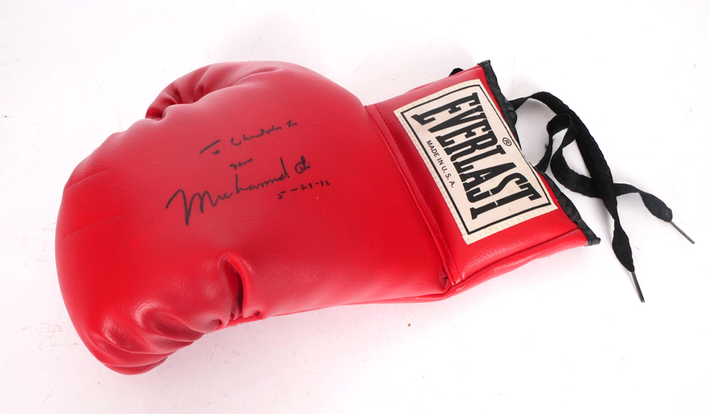 Muhammad Ali - Everlast Boxing glove, signed and dedicated to Christopher Lee. at Whyte's Auctions