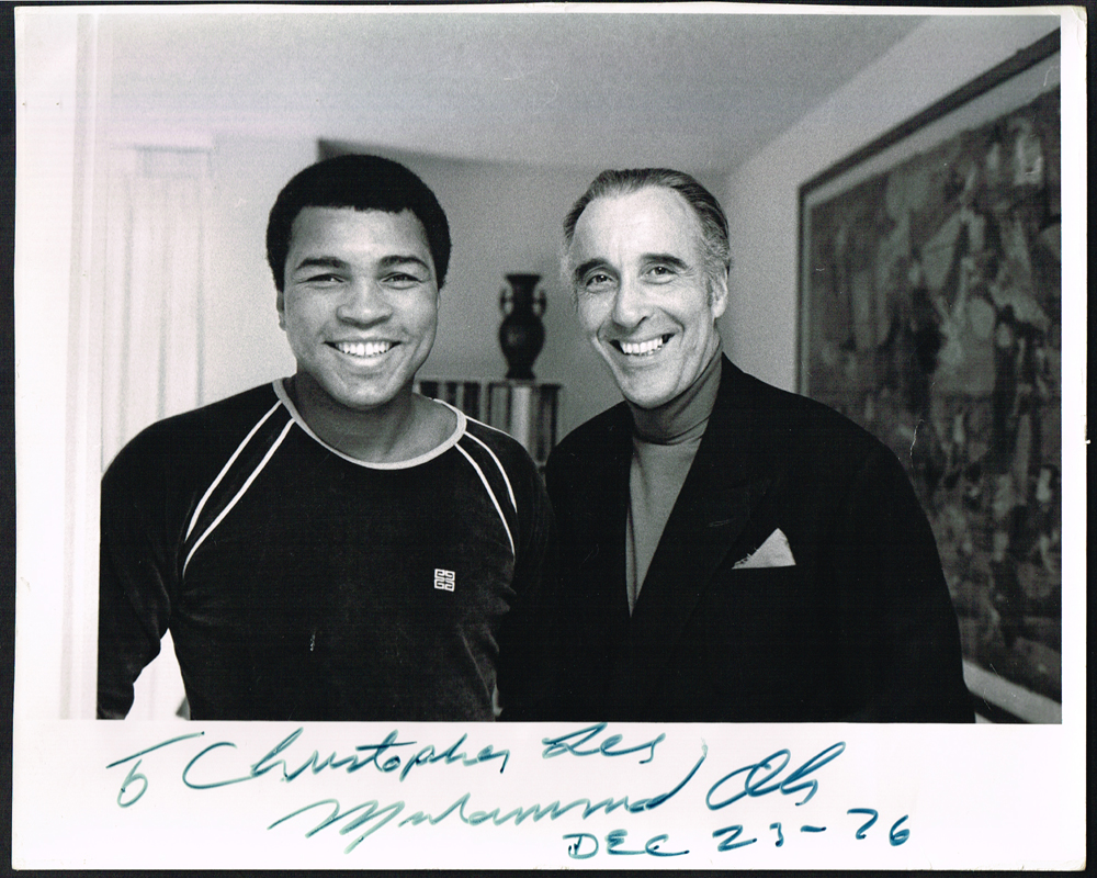 Muhammad Ali - Black & White photograph, signed and dedicated to Christopher Lee. at Whyte's Auctions