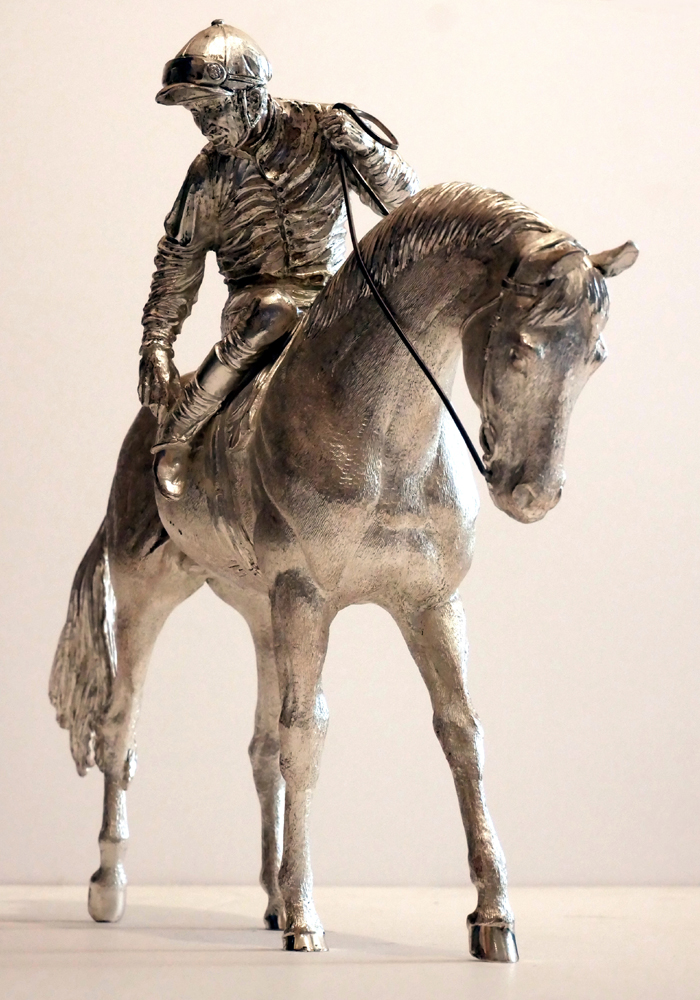 2002 Silver sculpture of a racehorse and jockey. at Whyte's Auctions