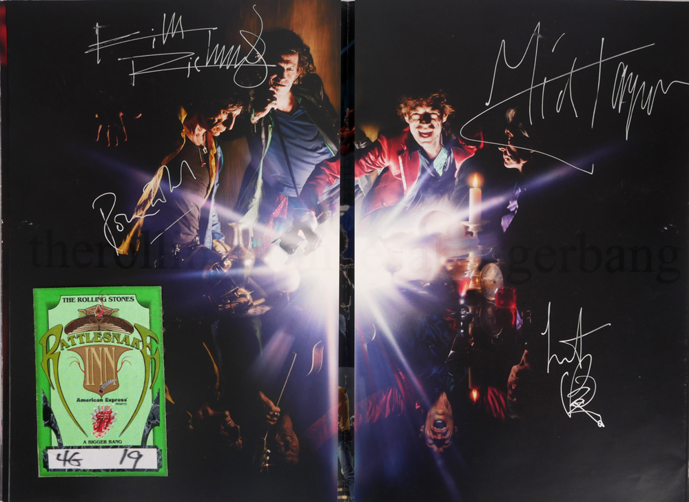 Rolling Stones, A Bigger Bang tour programme 2005/6, signed by all four band members and a backstage pass. at Whyte's Auctions