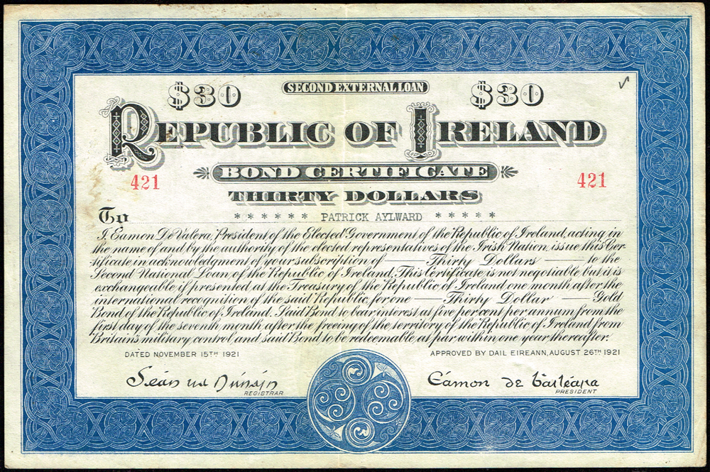1921 Republic of Ireland Thirty Dollar Bond at Whyte's Auctions