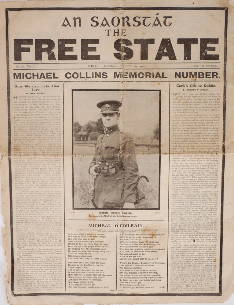 1922, August 29. An Saorstat, The Free State newspaper, Michael Collins Memorial Edition. at Whyte's Auctions
