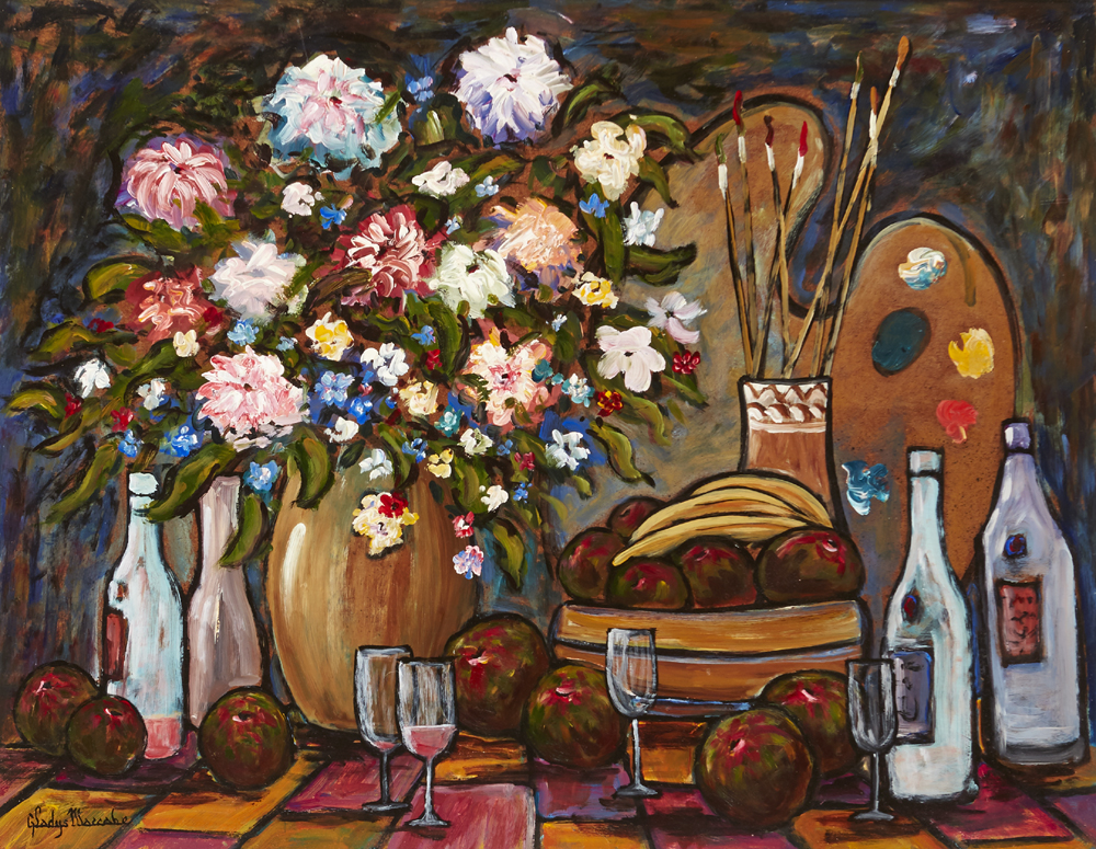 STILL LIFE WITH PALETTE AND BRUSHES by Gladys Maccabe MBE HRUA ROI FRSA (1918-2018) at Whyte's Auctions