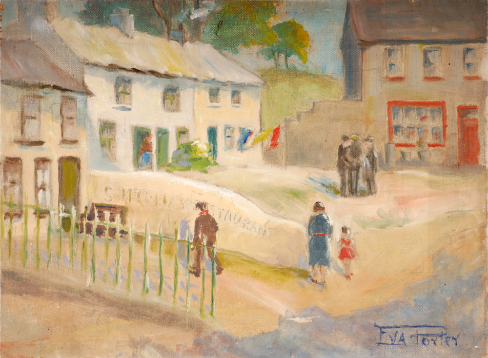 STREET SCENE [S. MCCULLA'S RESTAURANT] and STREET SCENE and STILL LIFE, PRIMULA and LANDSCAPE WITH GORSE (SET OF FOUR) by Eva Porter (fl. 1923 - 1953) at Whyte's Auctions
