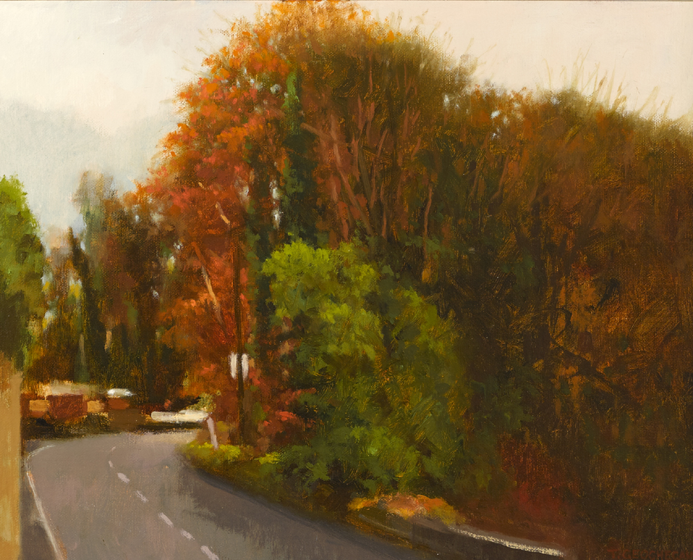 WINTER CORNER, ROAD TO BRIDGE, BLESSINGTON, COUNTY WICKLOW by Trevor Geoghegan (b.1946) at Whyte's Auctions