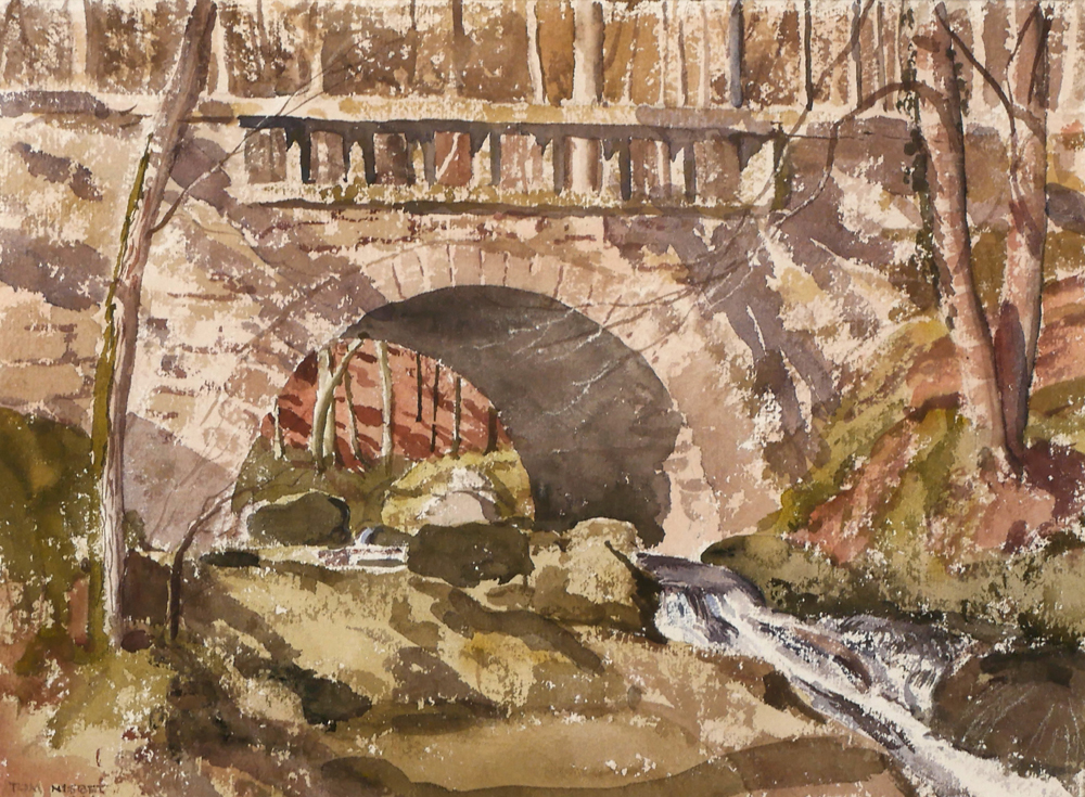 BRIDGE OVER RIVER LANDSCAPE by Tom Nisbet RHA (1909-2001) at Whyte's Auctions