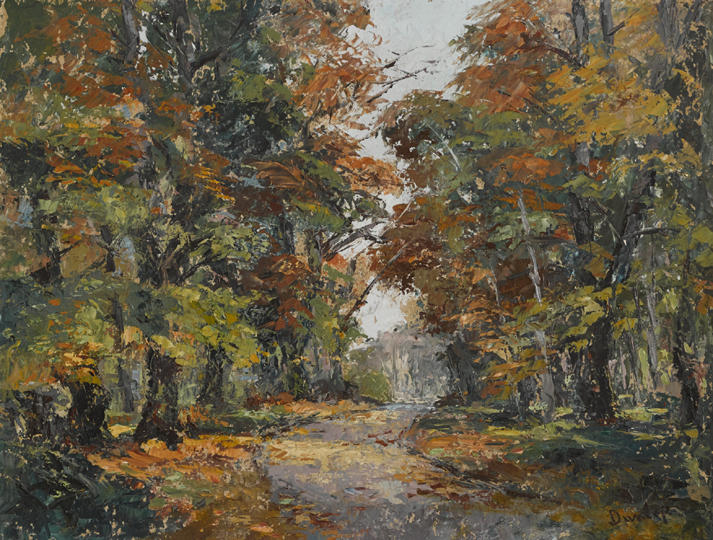 A WOODED PATH IN AUTUMN WITH GLIMPSE OF WATER BEYOND by Ronald Ossory Dunlop sold for 750 at Whyte's Auctions