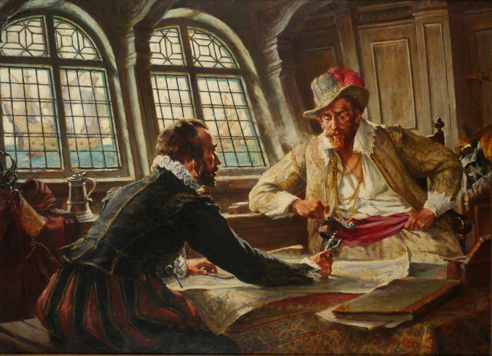 DRAKE AND FROBISHER DISCUSSING PLANS TO FOIL THE SPANISH ARMADA [1587] 1941 by Arthur David McCormick RBA RI ROI (1860-1943) RBA RI ROI (1860-1943) at Whyte's Auctions