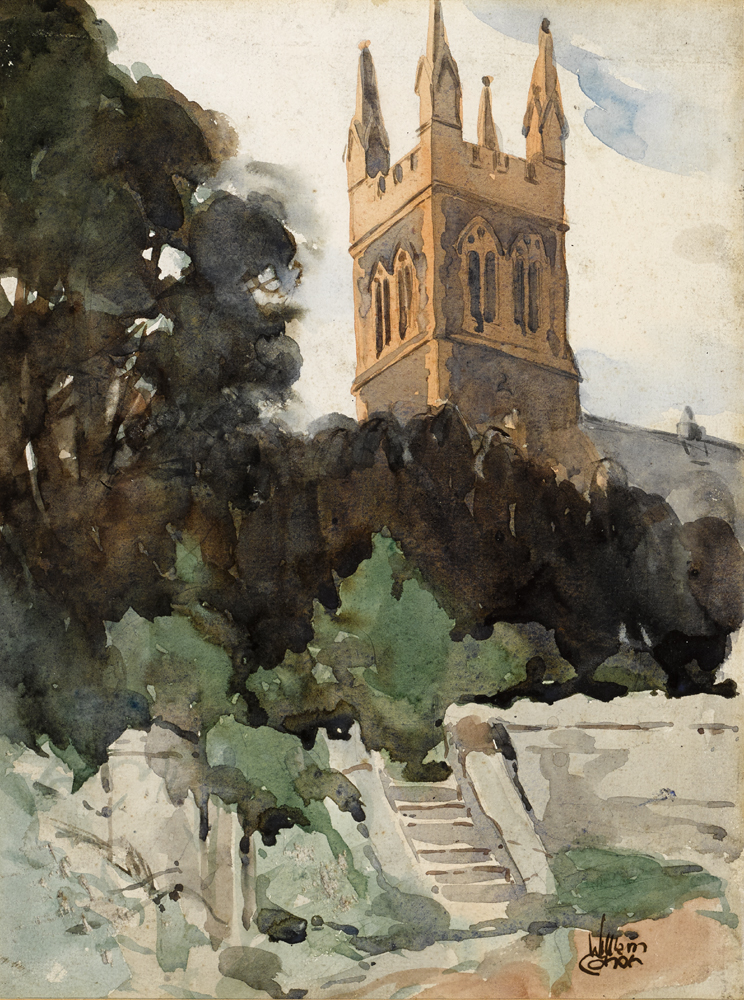 VIEW OF CHURCH TOWER by William Conor OBE RHA RUA ROI (1881-1968) at Whyte's Auctions