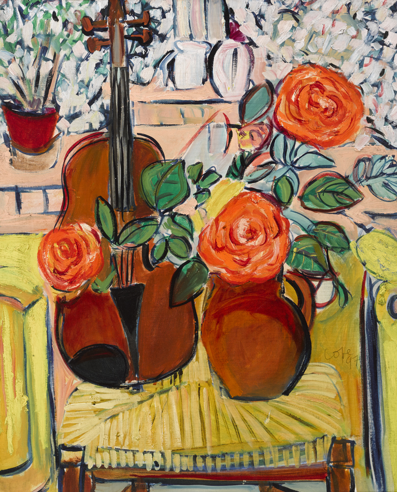 ORANGE ROSES WITH UPRIGHT VIOLIN ON CHAIR, 1997 by Elizabeth Cope (b.1952) at Whyte's Auctions