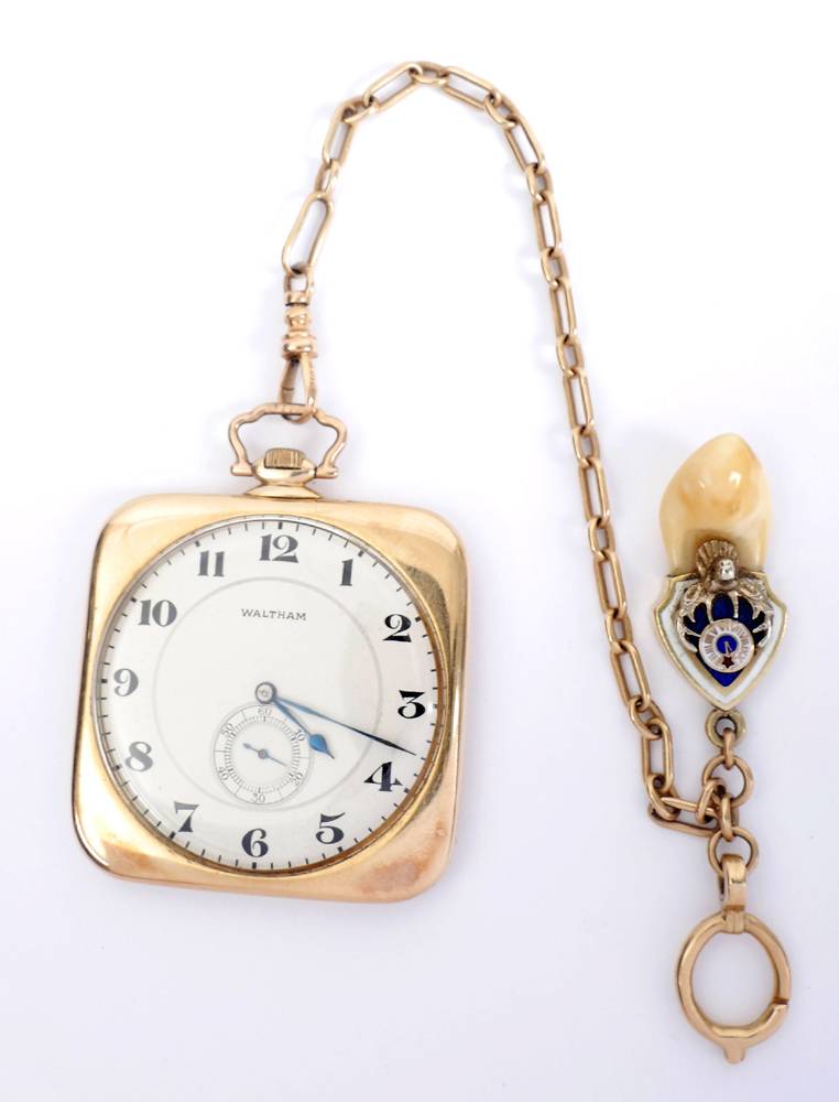 Art Deco 9ct gold square cased Waltham pocket watch. at Whyte's Auctions