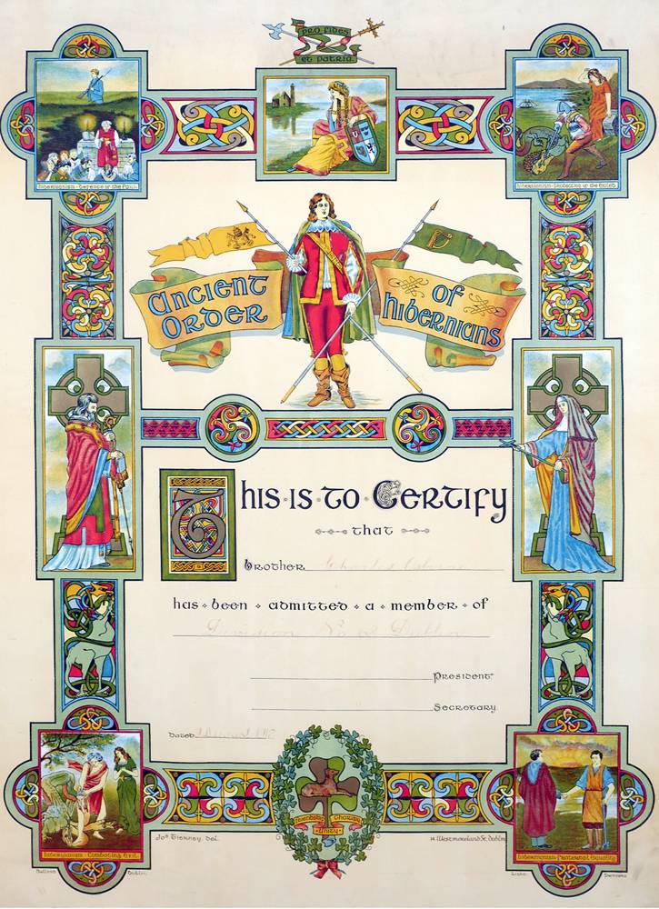 1912 (August 1) Ancient Order of Hibernians membership certificate. at Whyte's Auctions