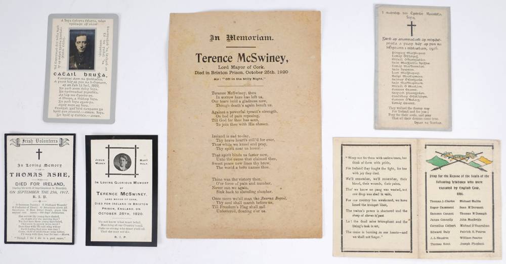 In Memoriam cards and handbill for Thomas Ashe, Terence MacSwiney and Cathal Brugha. at Whyte's Auctions