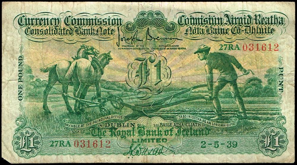 Currency Commission Consolidated Banknote 'Ploughman' Royal Bank of Ireland One Pound, 2-5-39. at Whyte's Auctions