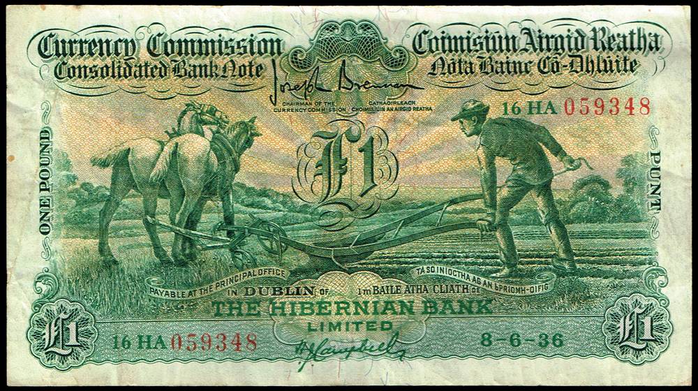 Currency Commission Consolidated Banknote 'Ploughman' Hibernian Bank One Pound, 8-6-36. at Whyte's Auctions