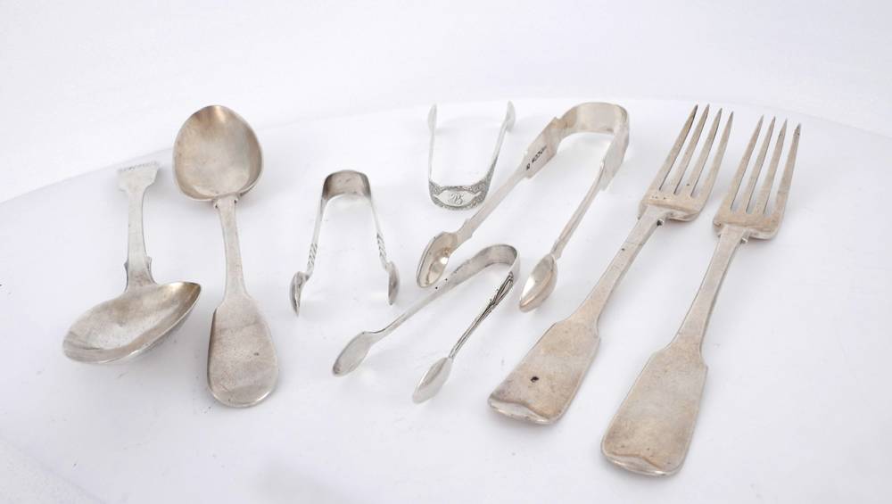 Victorian Irish silver sugar tongs and three others. at Whyte's Auctions