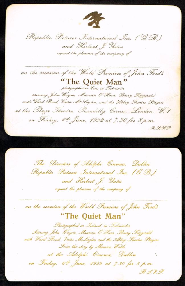 1952 (June 6) The Quiet Man World Premiere, Dublin and London, Invitations. at Whyte's Auctions