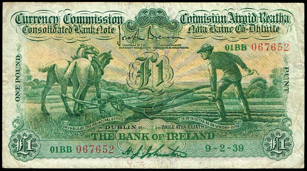 Currency Commission Consolidated Banknote 'Ploughman' Bank of Ireland One Pound at Whyte's Auctions