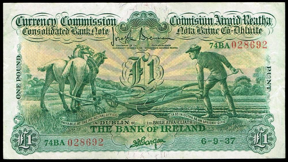 Currency Commission Consolidated Banknote 'Ploughman' Bank of Ireland, One Pound 6-9-37 at Whyte's Auctions