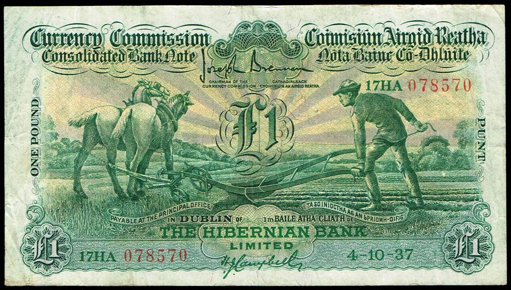 Currency Commission Consolidated Banknote 'Ploughman' Hibernian Bank One Pound, 4-10-37 at Whyte's Auctions