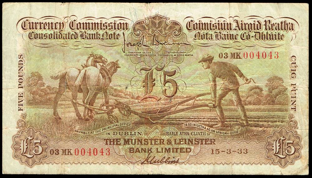 Currency Commission Consolidated Banknote 'Ploughman' Munster & Leinster Bank Five Pounds, 15-3-33 at Whyte's Auctions