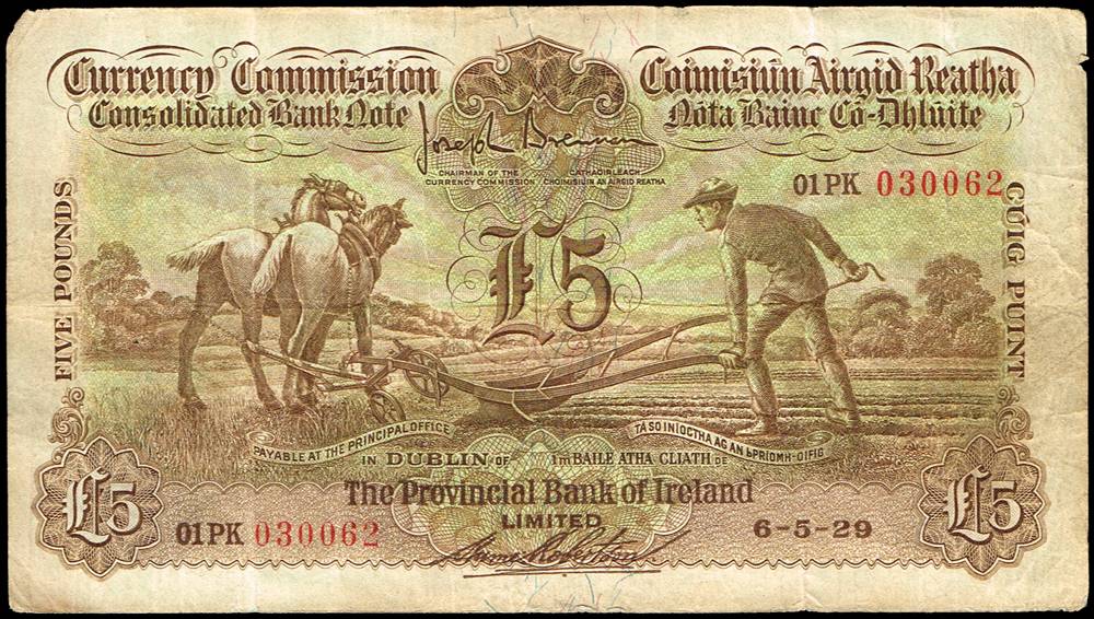 Currency Commission Consolidated Banknote 'Ploughman' Provincial Bank of Ireland Five Pounds, 6-5-29 at Whyte's Auctions